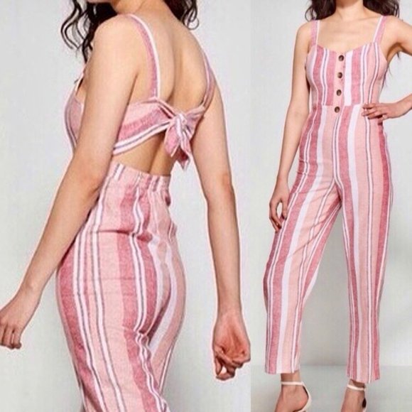 NEW Pink Striped Button Front Cutout Tie Open Back Linen Blend Jumpsuits $140 - Picture 7 of 8